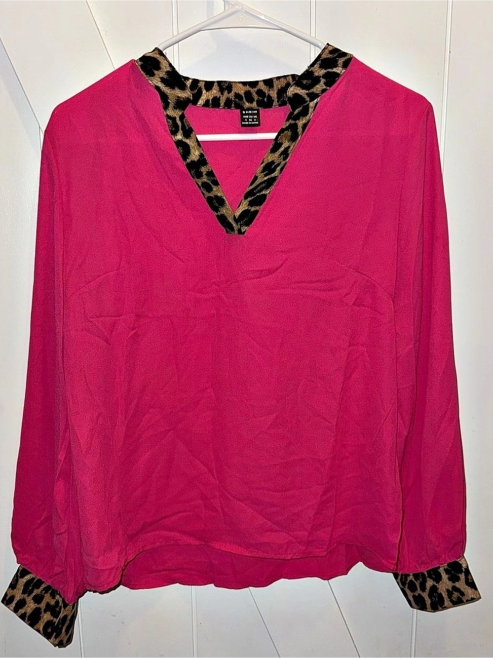 SHEIN Leopard Trim Long Sleeve Blouse Pink & Brown Small